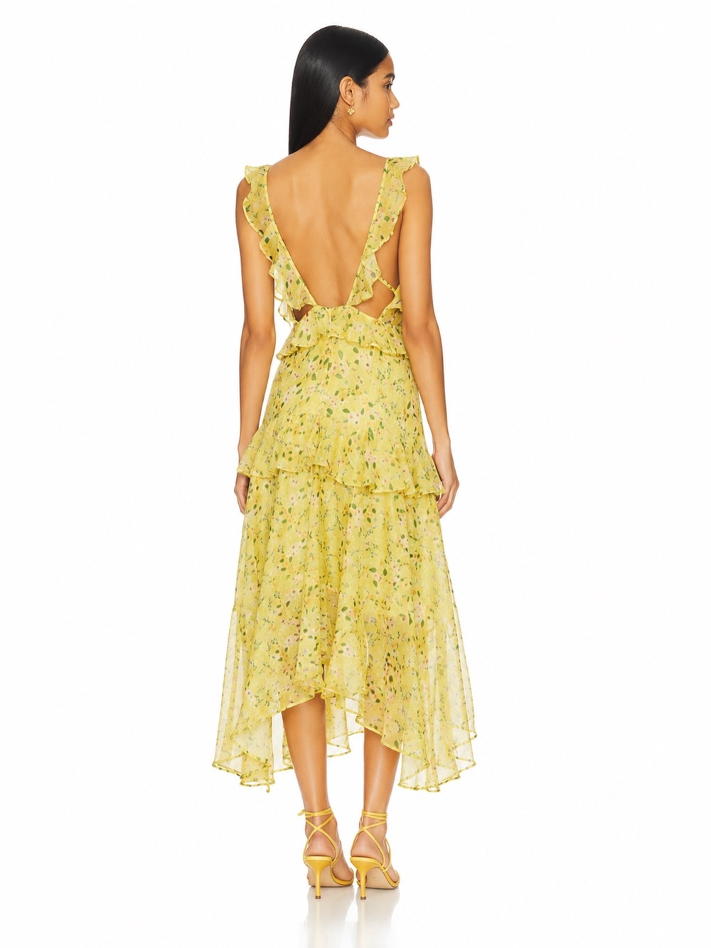 Yellow Floral Ruffle Midi Dress